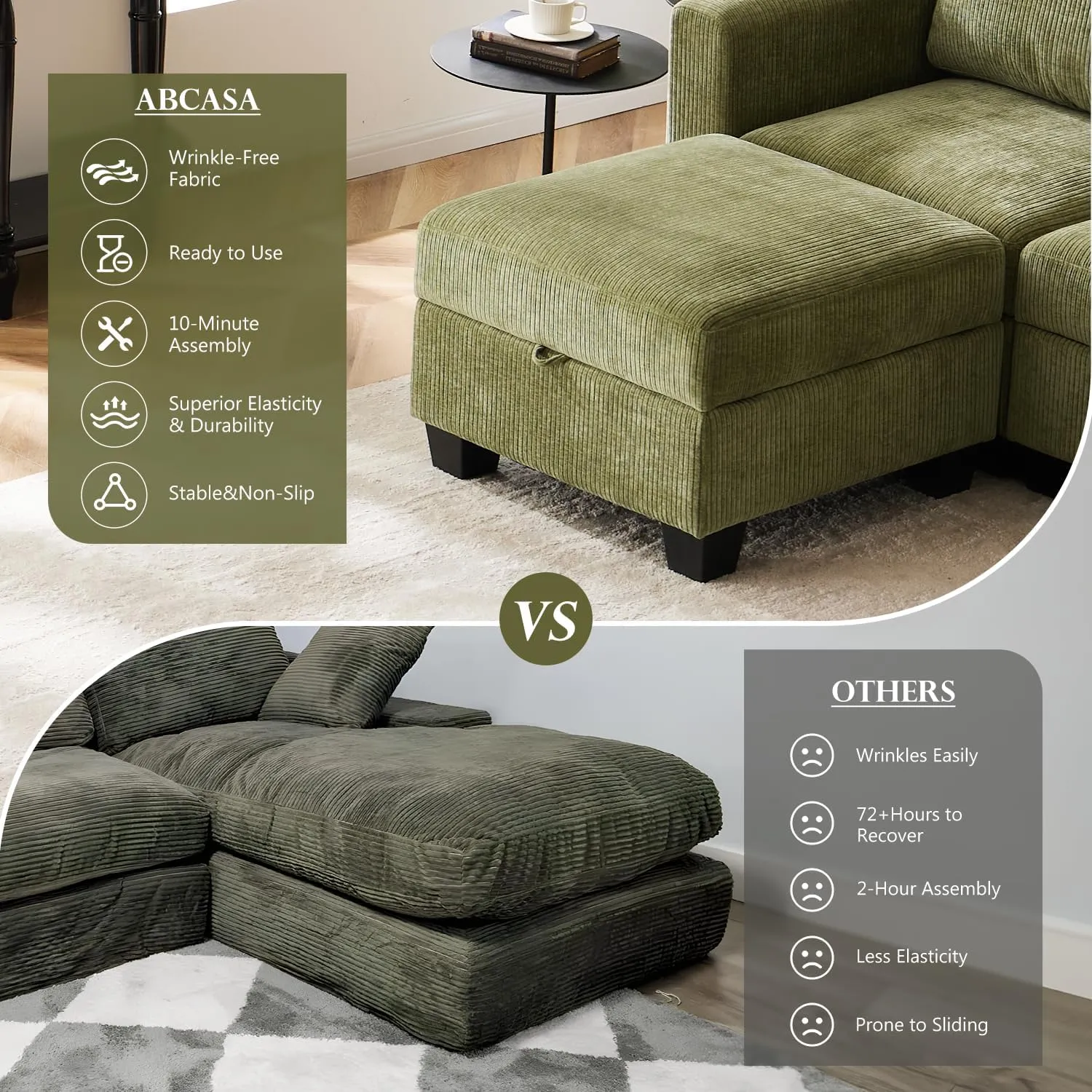 118" Modular Sectional Couches for Living Room, No Compressed No Sagging, 6 Seat Sofa Couch with Storage, Easy to Install - Corduroy Green