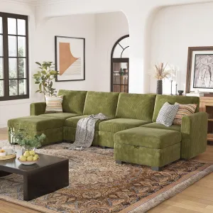 118" Modular Sectional Couches for Living Room, No Compressed No Sagging, 6 Seat Sofa Couch with Storage, Easy to Install - Corduroy Green