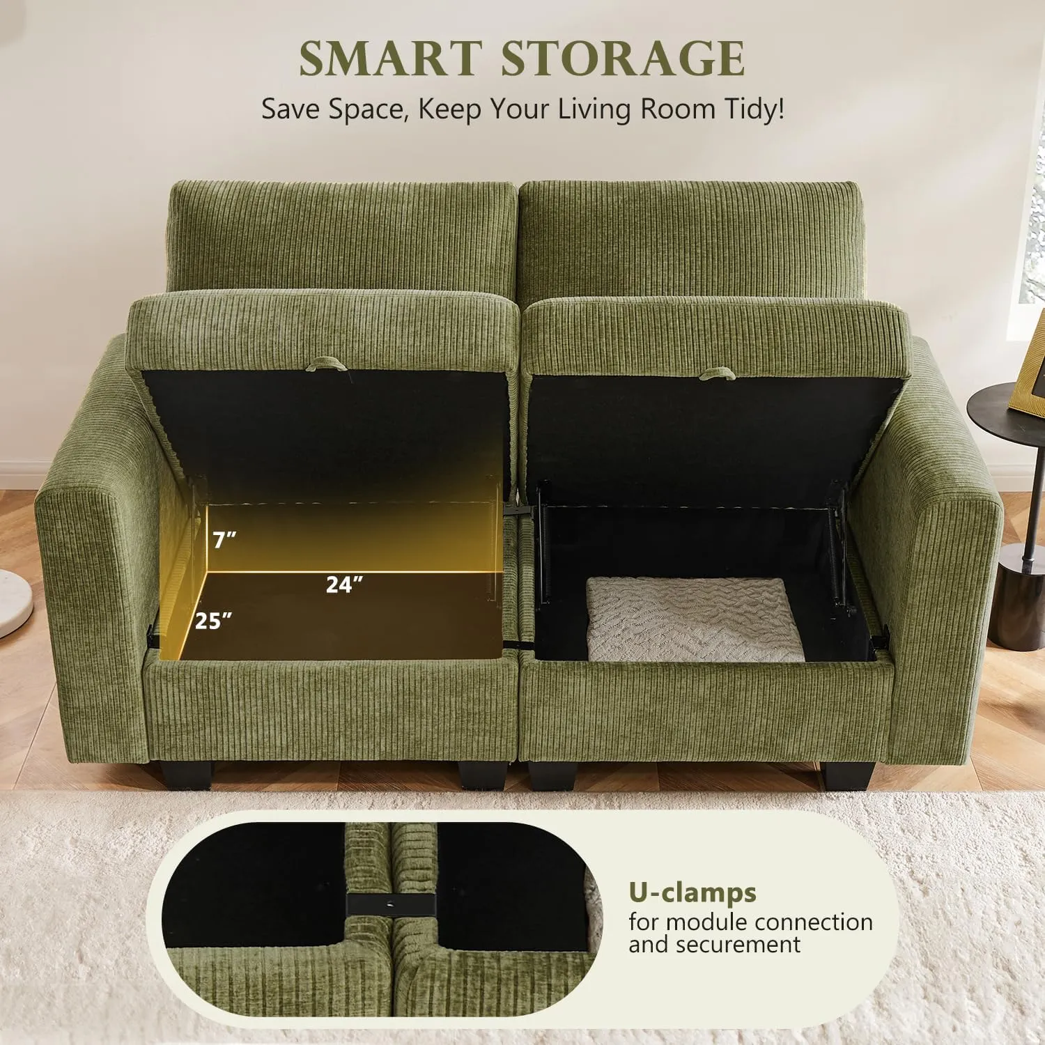 118" Modular Sectional Couches for Living Room, No Compressed No Sagging, 6 Seat Sofa Couch with Storage, Easy to Install - Corduroy Green