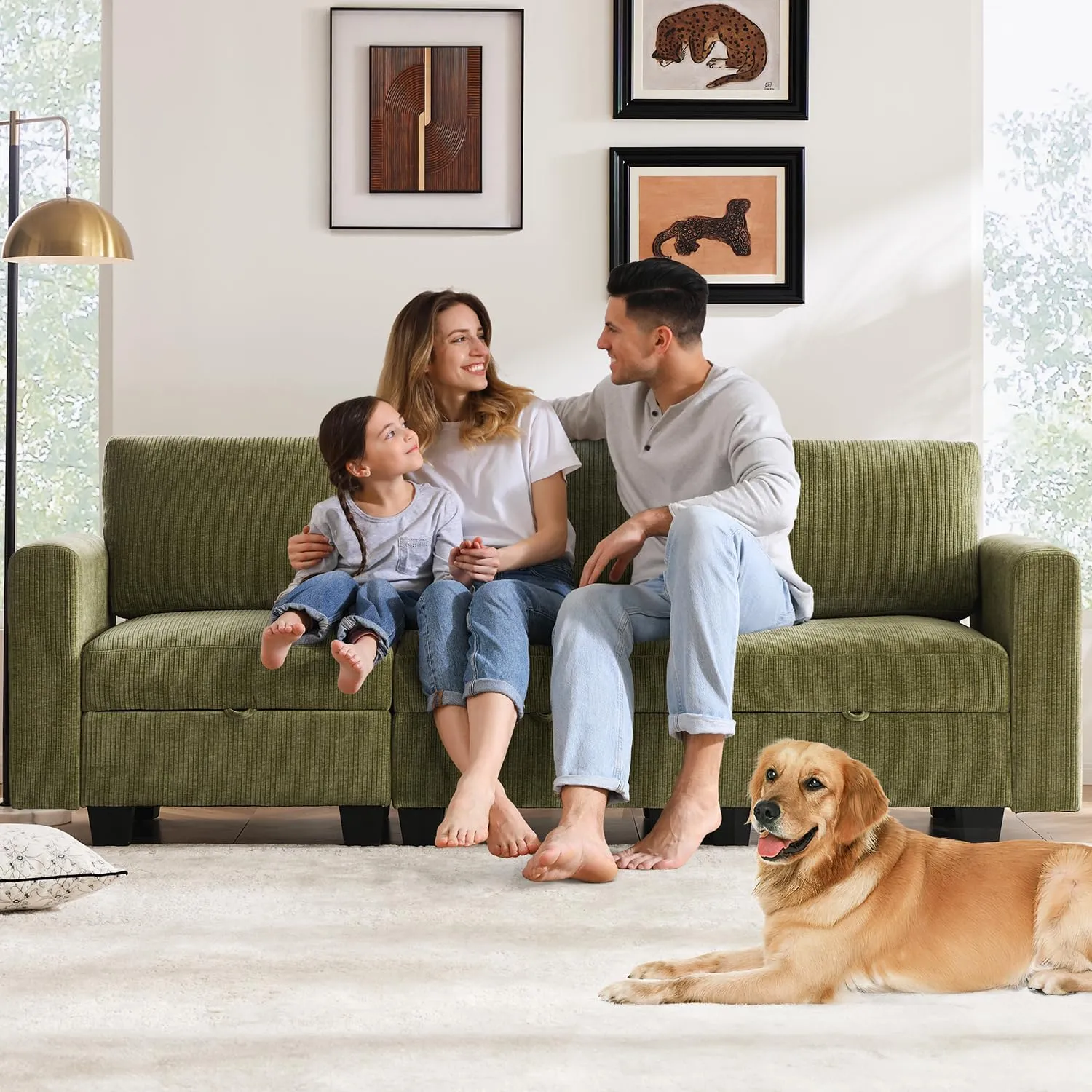 118" Modular Sectional Couches for Living Room, No Compressed No Sagging, 6 Seat Sofa Couch with Storage, Easy to Install - Corduroy Green