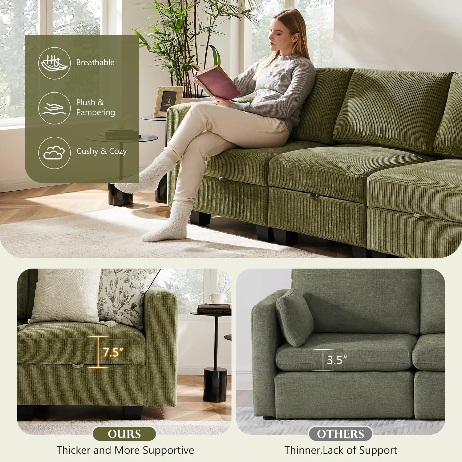 118" Modular Sectional Couches for Living Room, No Compressed No Sagging, 6 Seat Sofa Couch with Storage, Easy to Install - Corduroy Green