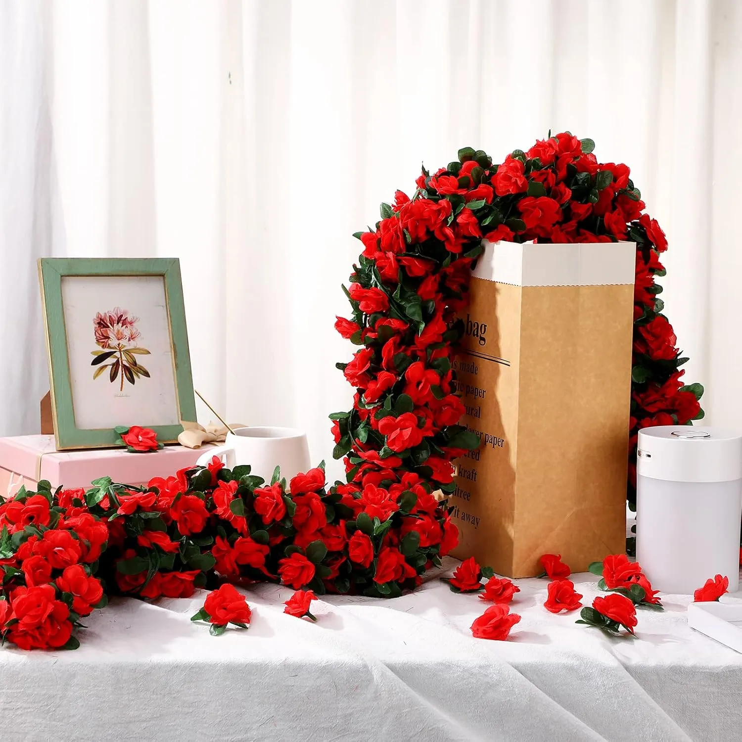 12 Pcs 100 ft Flower Garland Artificial Rose Vine with Green Leaves Hanging Artificial Flower Vines Ivy Garlands Wall Garden Decor for Room Wedding Birthday Arch Decor(Red)