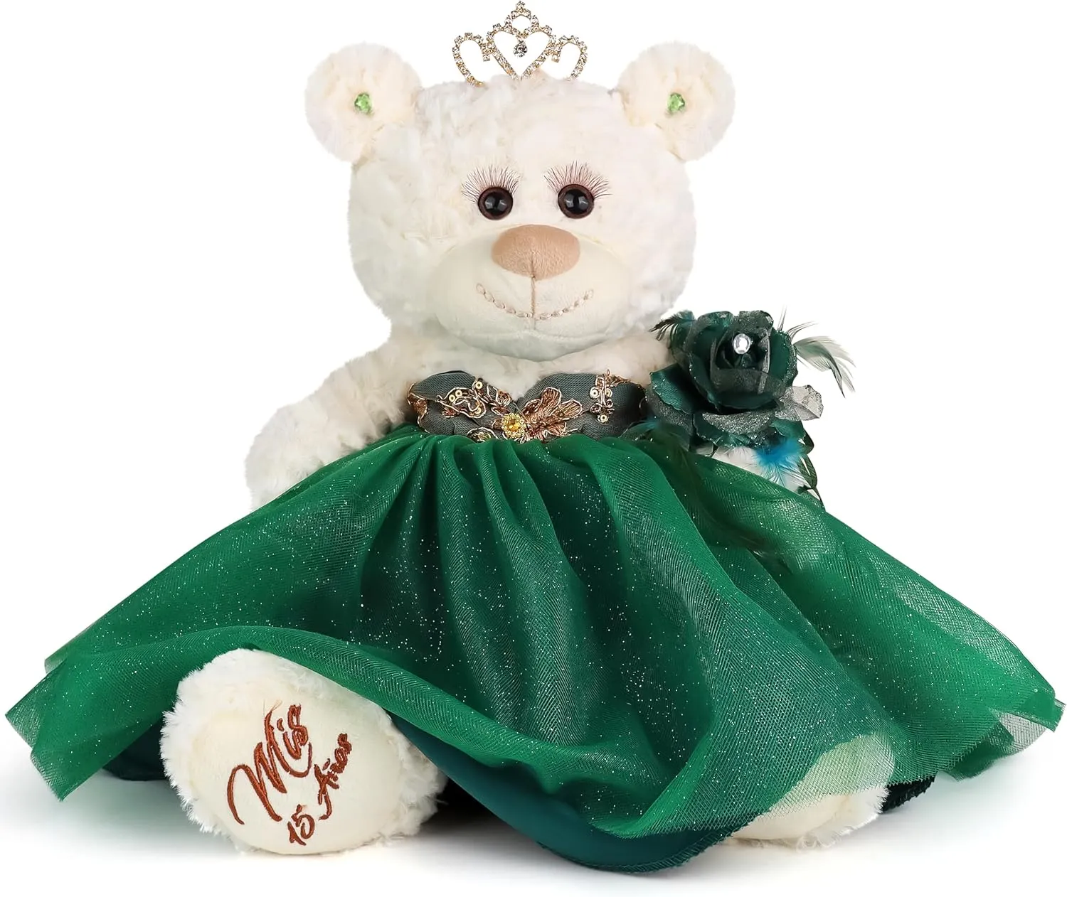 12" Quince Anos Teddy Bear with Dress Embroidery Mis 15 Anos Centerpiece (Without Stand) B09631-33G-N (Emerald Green)