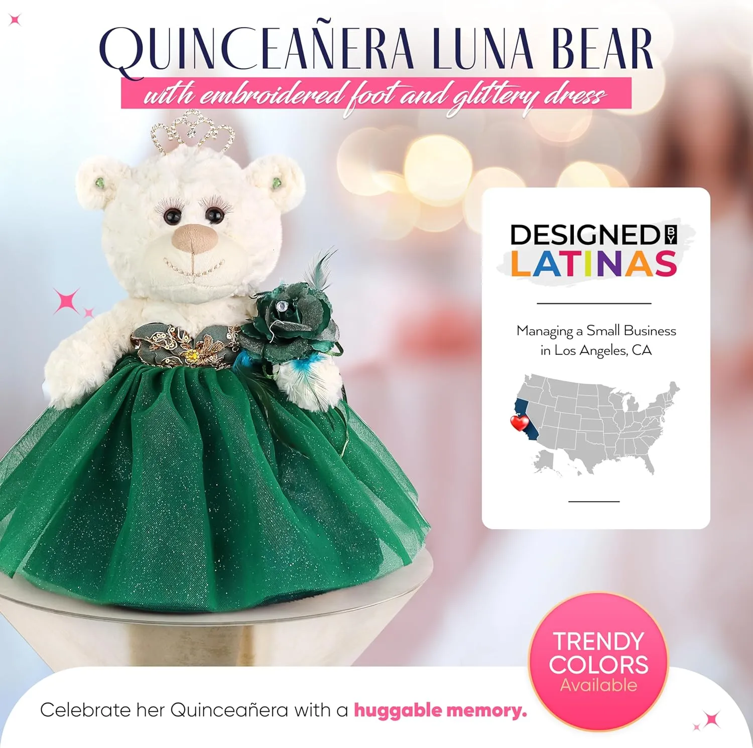 12" Quince Anos Teddy Bear with Dress Embroidery Mis 15 Anos Centerpiece (Without Stand) B09631-33G-N (Emerald Green)