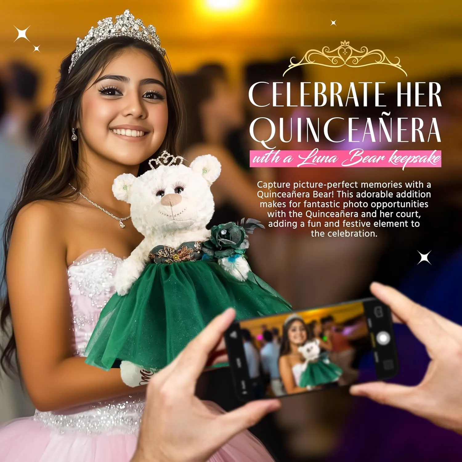 12" Quince Anos Teddy Bear with Dress Embroidery Mis 15 Anos Centerpiece (Without Stand) B09631-33G-N (Emerald Green)