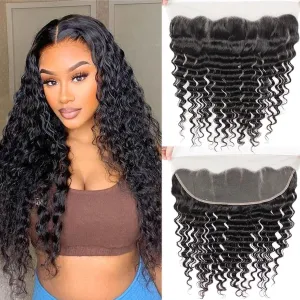 13x4 Ear To Ear 100% Unprocessed Virgin Deep Wave Human Hair Swiss Lace Frontal Closure Bleached Knots Pre Plucked Natural Color (13x4 Deep Wave, 22 Inch)