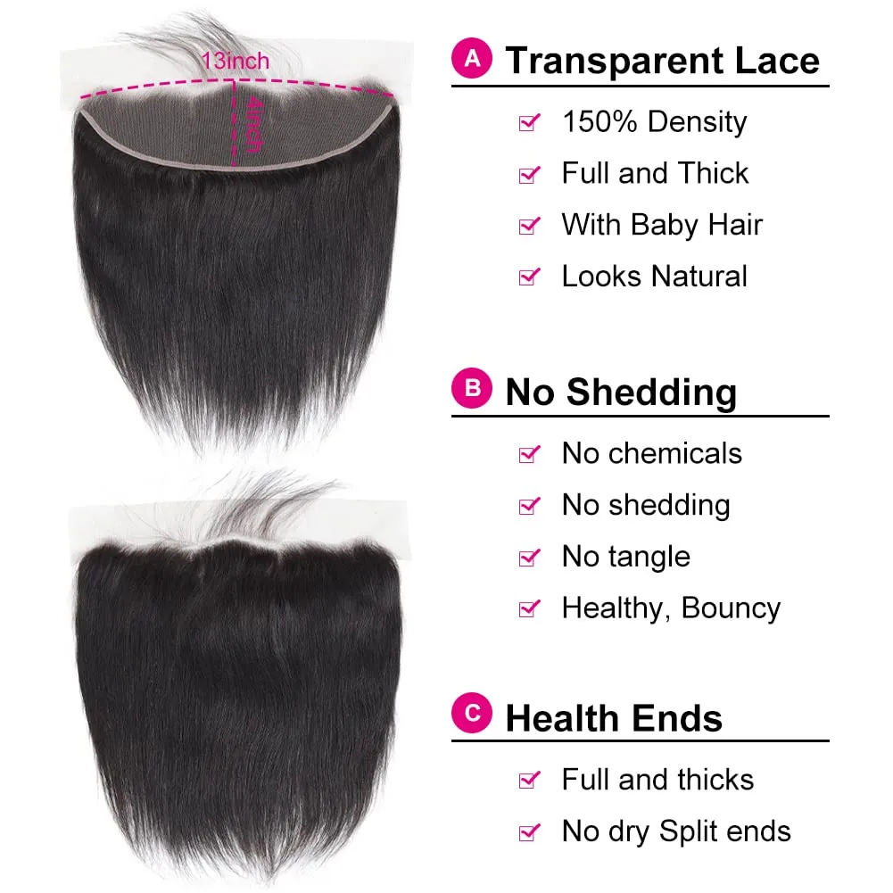 13x4 Ear to Ear Transparent HD Lace Frontal Closure 12A Unprocessed Brazilian Virgin Human Hair Frontal 18 Inch Silky Straight Full Lace Front Closure Pre-Plucked Natural Black Color