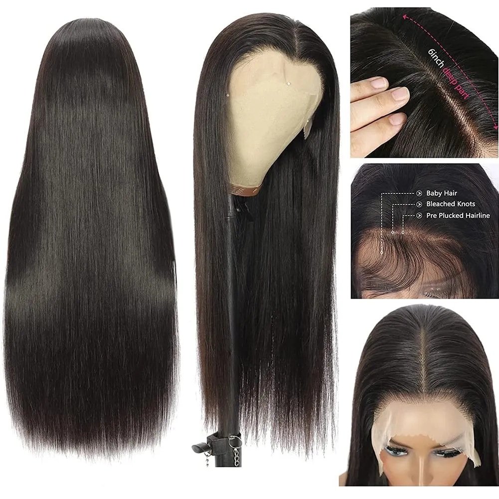 13x6 Lace Front Wigs Human Hair 180 Density HD Transparent Straight Lace Front Human Hair Wigs for Women Straight Lace Front Wigs Pre Plucked with Baby Hair Natural Color (24 Inch)