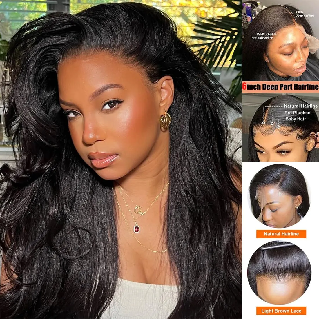 13x6 Lace Front Yaki Straight Wig HD Transparent Yaki Straight Frontal Closure Human Hair Wigs for Women 20Inch 180% Density Glueless Wig Pre Plucked With Baby Hair