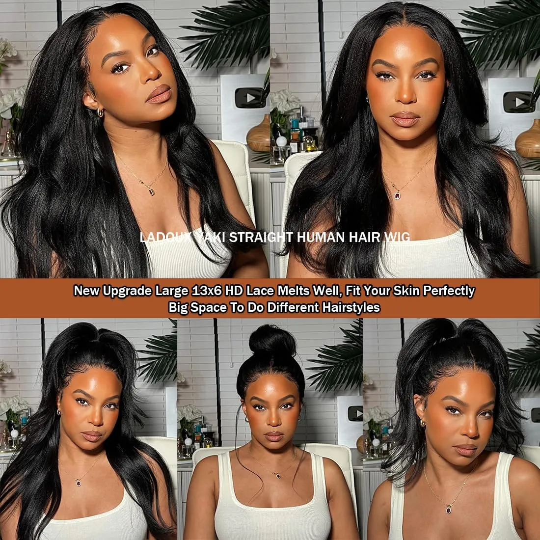 13x6 Lace Front Yaki Straight Wig HD Transparent Yaki Straight Frontal Closure Human Hair Wigs for Women 20Inch 180% Density Glueless Wig Pre Plucked With Baby Hair