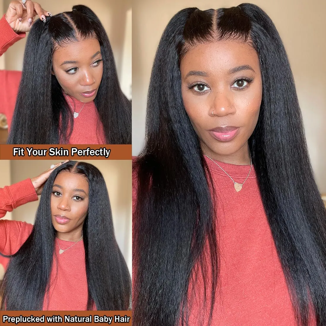 13x6 Lace Front Yaki Straight Wig HD Transparent Yaki Straight Frontal Closure Human Hair Wigs for Women 20Inch 180% Density Glueless Wig Pre Plucked With Baby Hair