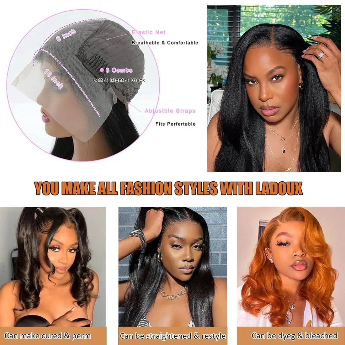 13x6 Lace Front Yaki Straight Wig HD Transparent Yaki Straight Frontal Closure Human Hair Wigs for Women 20Inch 180% Density Glueless Wig Pre Plucked With Baby Hair