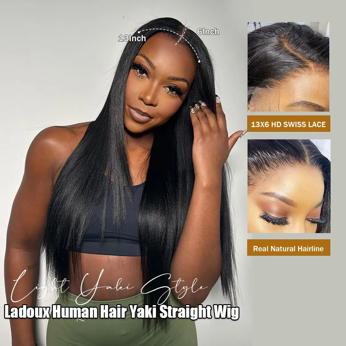 13x6 Lace Front Yaki Straight Wig HD Transparent Yaki Straight Frontal Closure Human Hair Wigs for Women 20Inch 180% Density Glueless Wig Pre Plucked With Baby Hair