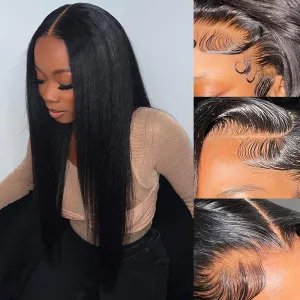 13x6 Lace Front Yaki Straight Wig HD Transparent Yaki Straight Frontal Closure Human Hair Wigs for Women 20Inch 180% Density Glueless Wig Pre Plucked With Baby Hair