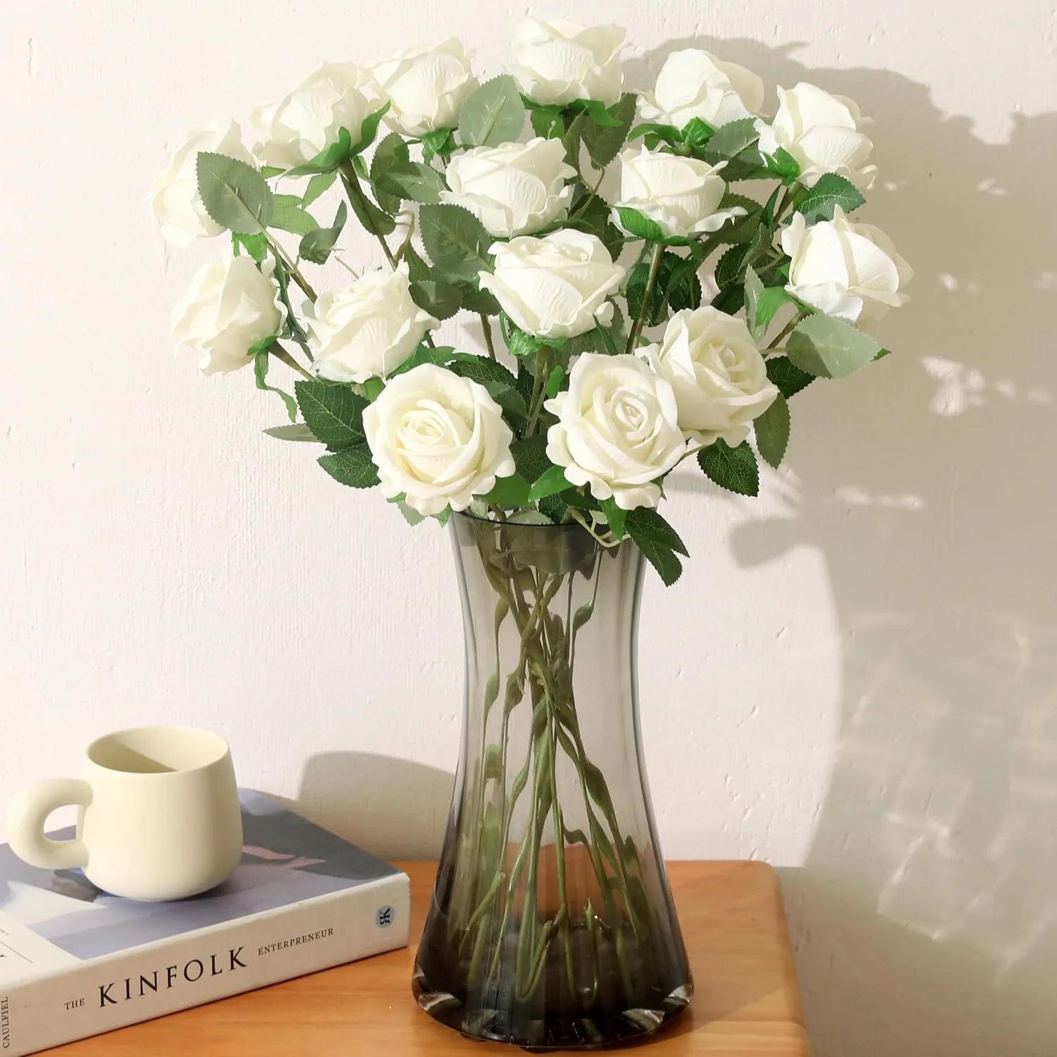 15Pcs Small Artificial Roses Velet Real Touch Single Stem Fake Roses Silk Realistic Flowers Arrangements Home Office Party Wedding Decoration (Pearl Roses, White 15p)