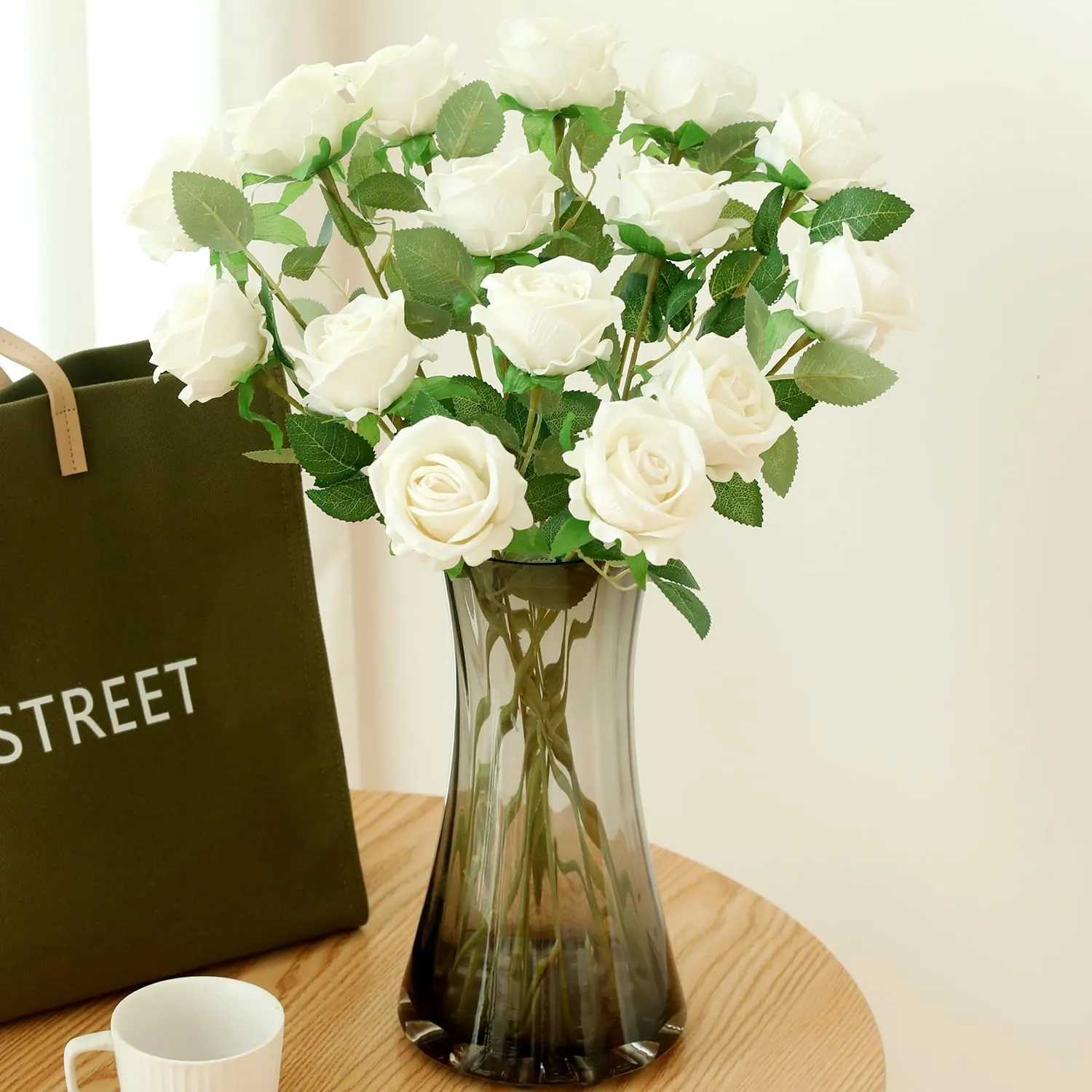 15Pcs Small Artificial Roses Velet Real Touch Single Stem Fake Roses Silk Realistic Flowers Arrangements Home Office Party Wedding Decoration (Pearl Roses, White 15p)
