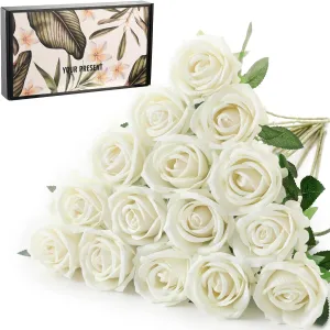 15Pcs Small Artificial Roses Velet Real Touch Single Stem Fake Roses Silk Realistic Flowers Arrangements Home Office Party Wedding Decoration (Pearl Roses, White 15p)