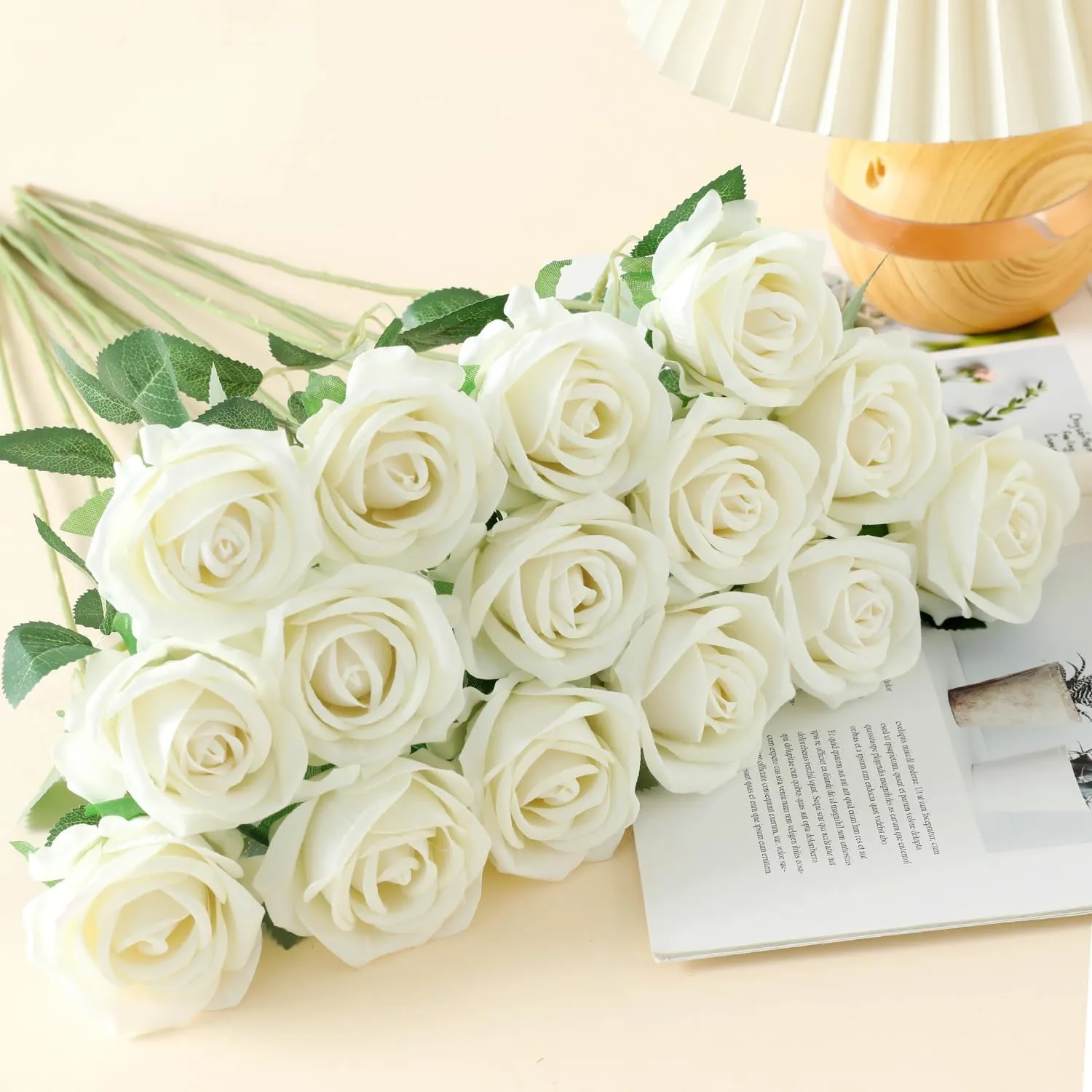 15Pcs Small Artificial Roses Velet Real Touch Single Stem Fake Roses Silk Realistic Flowers Arrangements Home Office Party Wedding Decoration (Pearl Roses, White 15p)