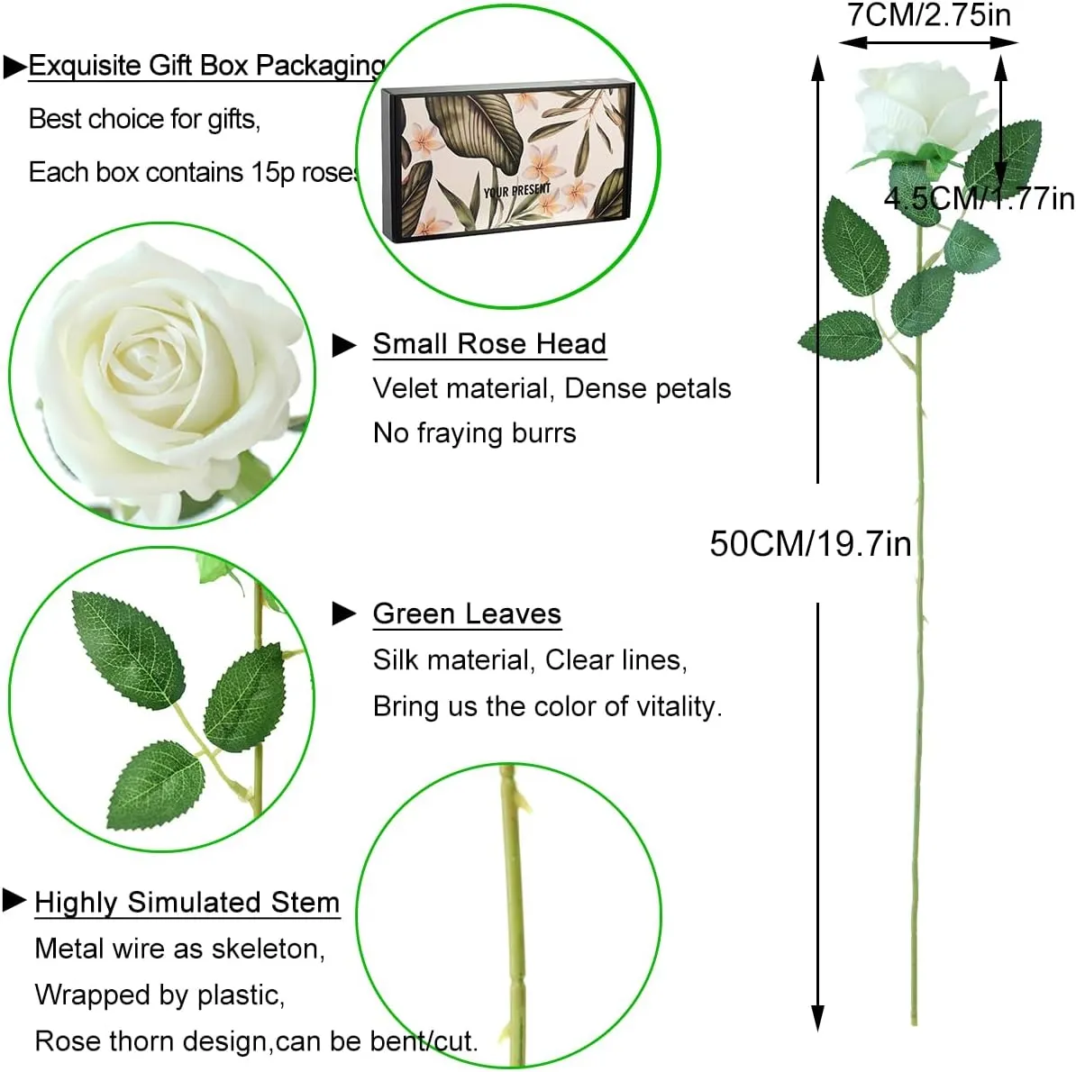 15Pcs Small Artificial Roses Velet Real Touch Single Stem Fake Roses Silk Realistic Flowers Arrangements Home Office Party Wedding Decoration (Pearl Roses, White 15p)