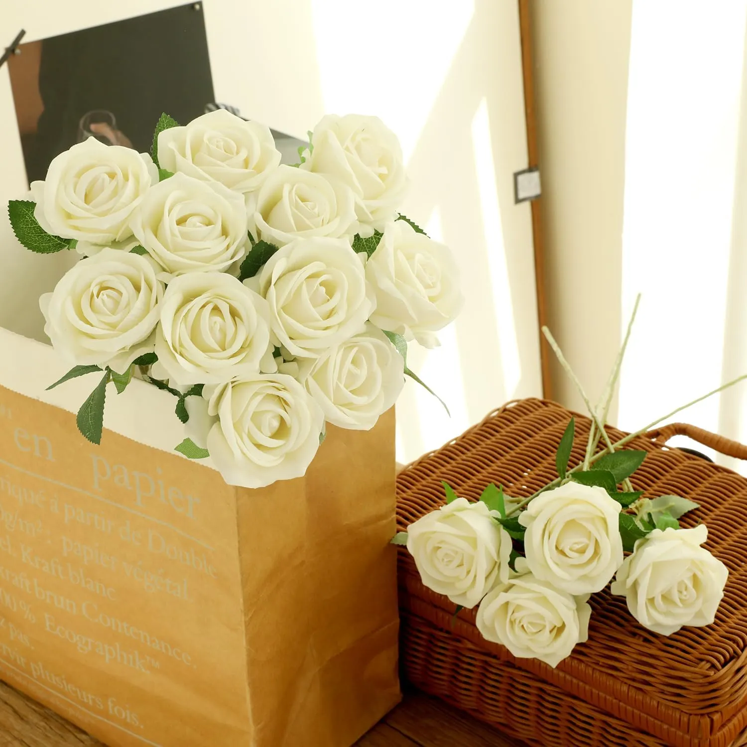 15Pcs Small Artificial Roses Velet Real Touch Single Stem Fake Roses Silk Realistic Flowers Arrangements Home Office Party Wedding Decoration (Pearl Roses, White 15p)