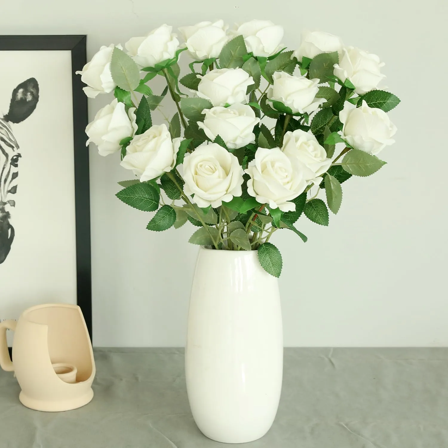 15Pcs Small Artificial Roses Velet Real Touch Single Stem Fake Roses Silk Realistic Flowers Arrangements Home Office Party Wedding Decoration (Pearl Roses, White 15p)