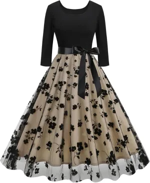 1950s Formal Vintage Cocktail Dresses for Women Retro Long Sleeve Mesh Flowy A-Line Polka Dots Floral Fall Dress