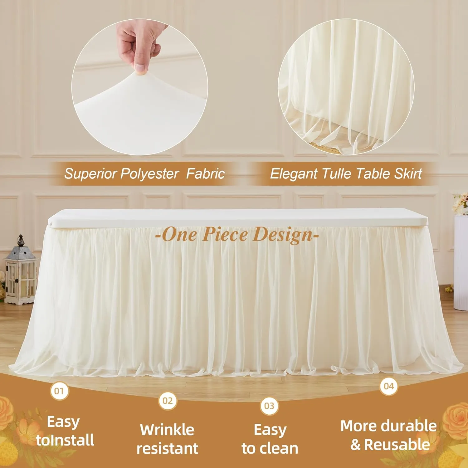 2 Pack Champagne Tulle Table Cloth for 6 Foot Rectangle Tables, Tulle Tutu Skirt Stretch Fitted Tablecloth Wrinkle Free Ruffle Table Cover for Party Wedding Birthday Banquet Tablecloth Decor