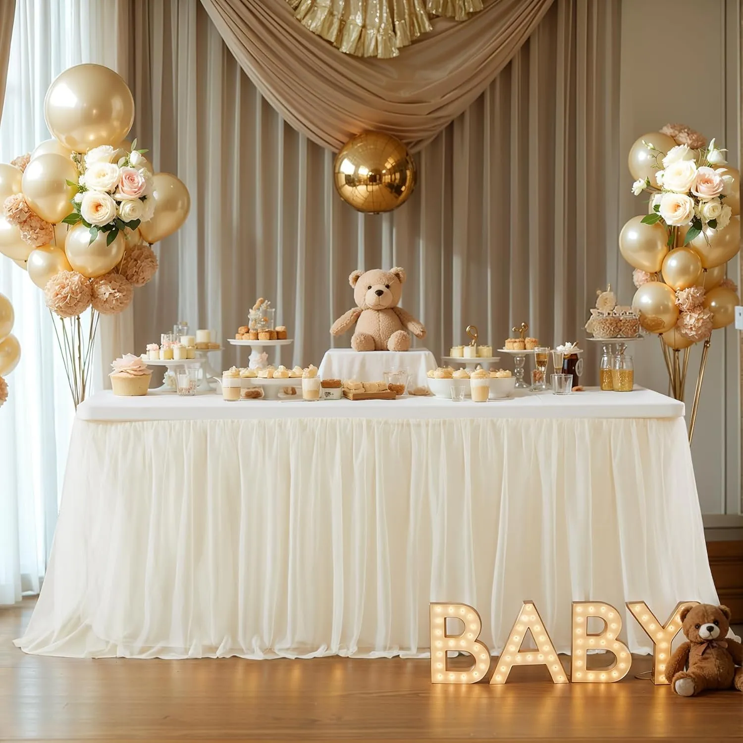 2 Pack Champagne Tulle Table Cloth for 6 Foot Rectangle Tables, Tulle Tutu Skirt Stretch Fitted Tablecloth Wrinkle Free Ruffle Table Cover for Party Wedding Birthday Banquet Tablecloth Decor