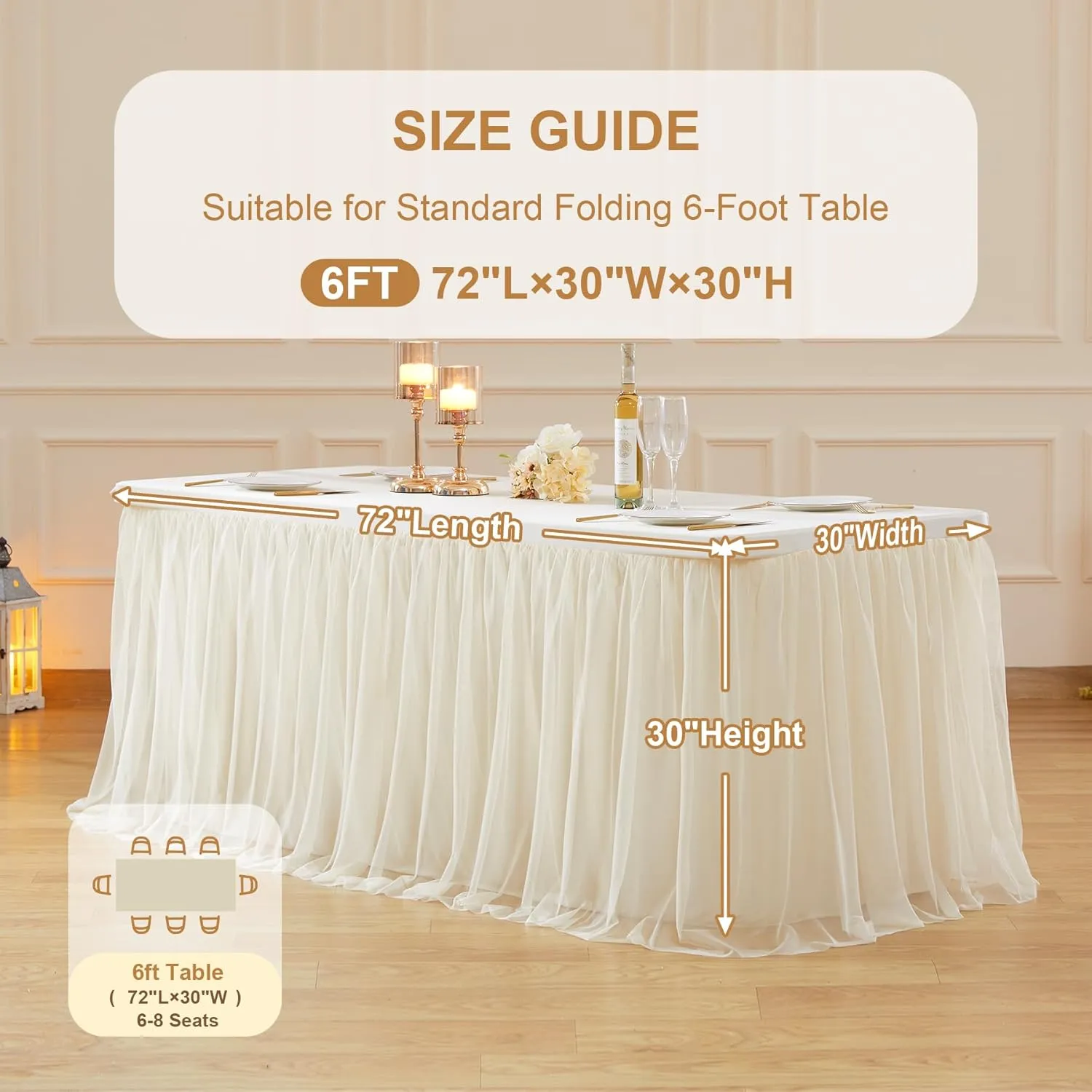 2 Pack Champagne Tulle Table Cloth for 6 Foot Rectangle Tables, Tulle Tutu Skirt Stretch Fitted Tablecloth Wrinkle Free Ruffle Table Cover for Party Wedding Birthday Banquet Tablecloth Decor