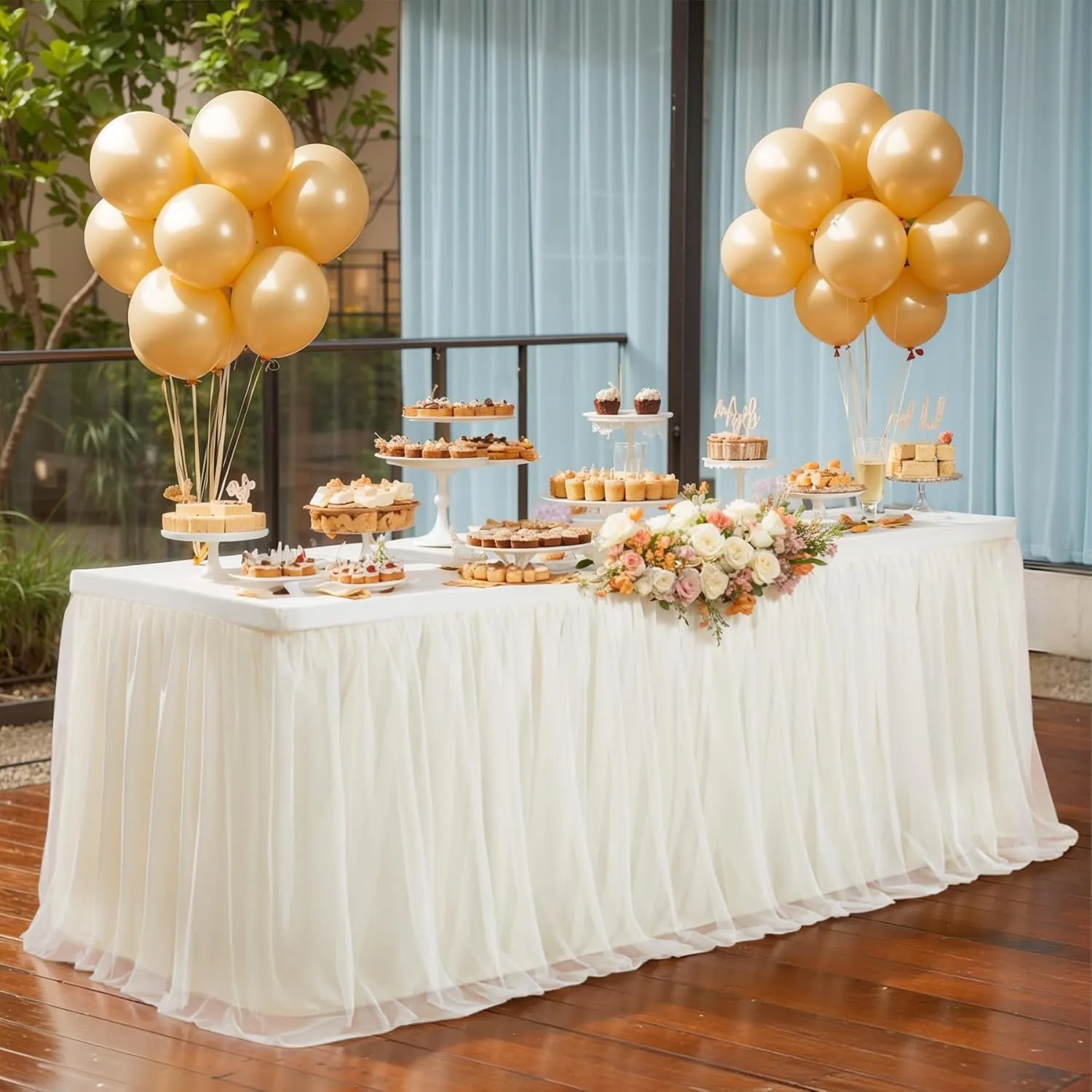 2 Pack Champagne Tulle Table Cloth for 6 Foot Rectangle Tables, Tulle Tutu Skirt Stretch Fitted Tablecloth Wrinkle Free Ruffle Table Cover for Party Wedding Birthday Banquet Tablecloth Decor