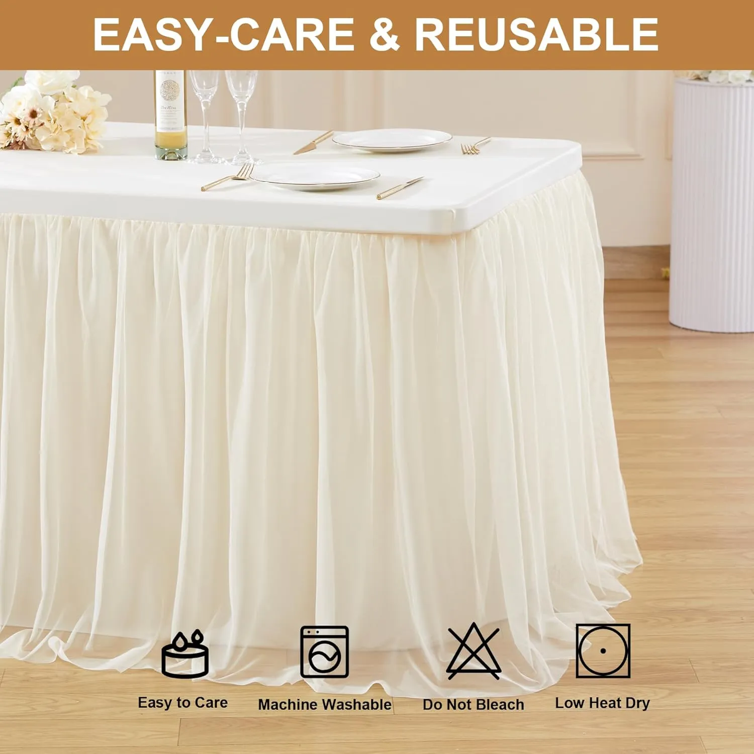 2 Pack Champagne Tulle Table Cloth for 6 Foot Rectangle Tables, Tulle Tutu Skirt Stretch Fitted Tablecloth Wrinkle Free Ruffle Table Cover for Party Wedding Birthday Banquet Tablecloth Decor