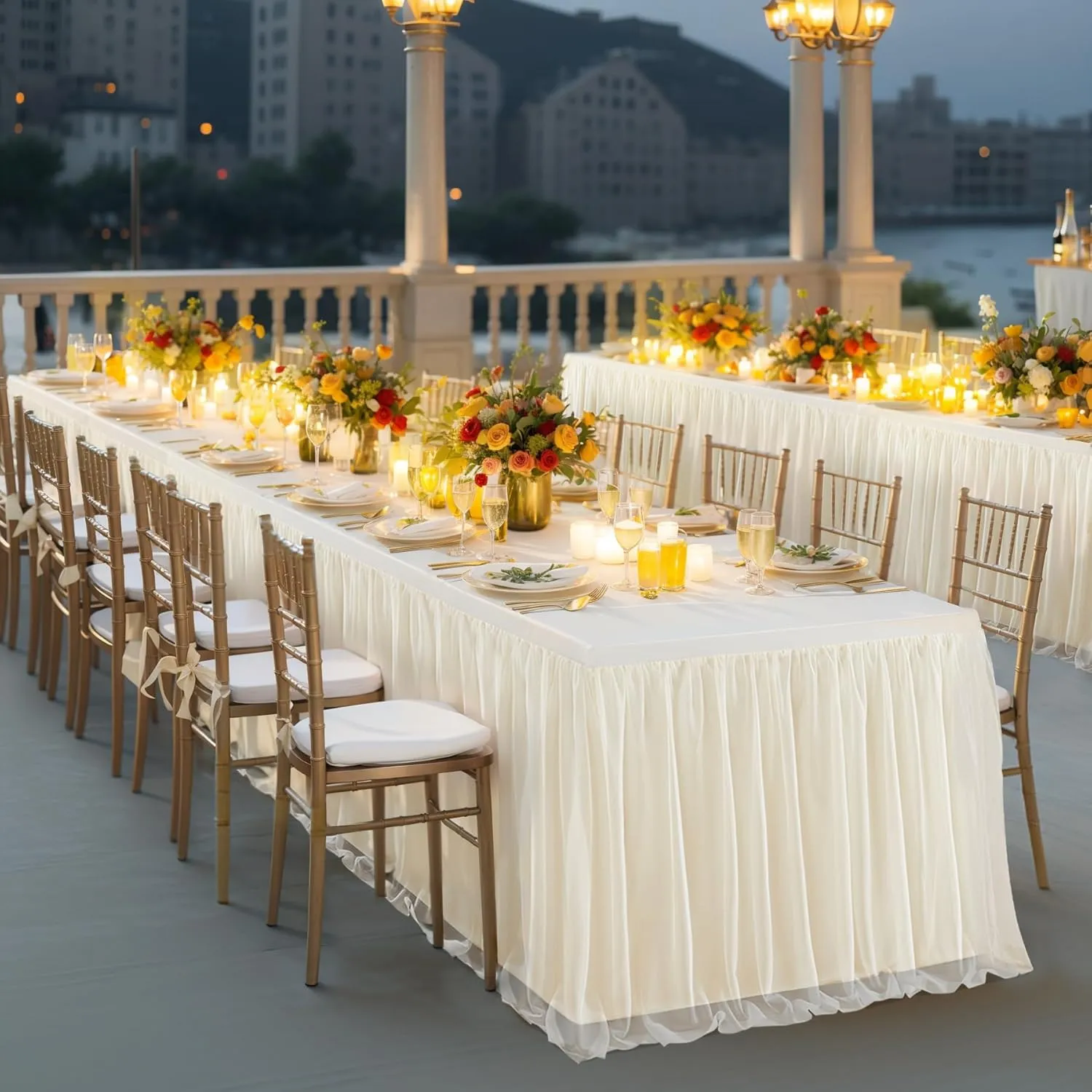 2 Pack Champagne Tulle Table Cloth for 6 Foot Rectangle Tables, Tulle Tutu Skirt Stretch Fitted Tablecloth Wrinkle Free Ruffle Table Cover for Party Wedding Birthday Banquet Tablecloth Decor