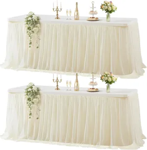 2 Pack Champagne Tulle Table Cloth for 6 Foot Rectangle Tables, Tulle Tutu Skirt Stretch Fitted Tablecloth Wrinkle Free Ruffle Table Cover for Party Wedding Birthday Banquet Tablecloth Decor