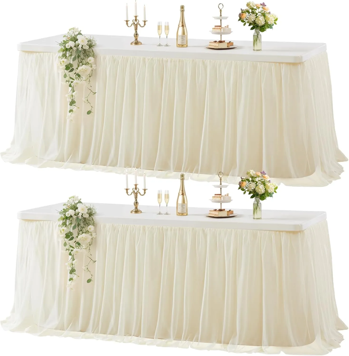 2 Pack Champagne Tulle Table Cloth for 6 Foot Rectangle Tables, Tulle Tutu Skirt Stretch Fitted Tablecloth Wrinkle Free Ruffle Table Cover for Party Wedding Birthday Banquet Tablecloth Decor