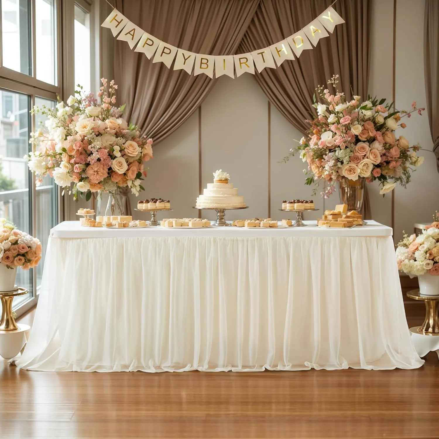 2 Pack Champagne Tulle Table Cloth for 6 Foot Rectangle Tables, Tulle Tutu Skirt Stretch Fitted Tablecloth Wrinkle Free Ruffle Table Cover for Party Wedding Birthday Banquet Tablecloth Decor
