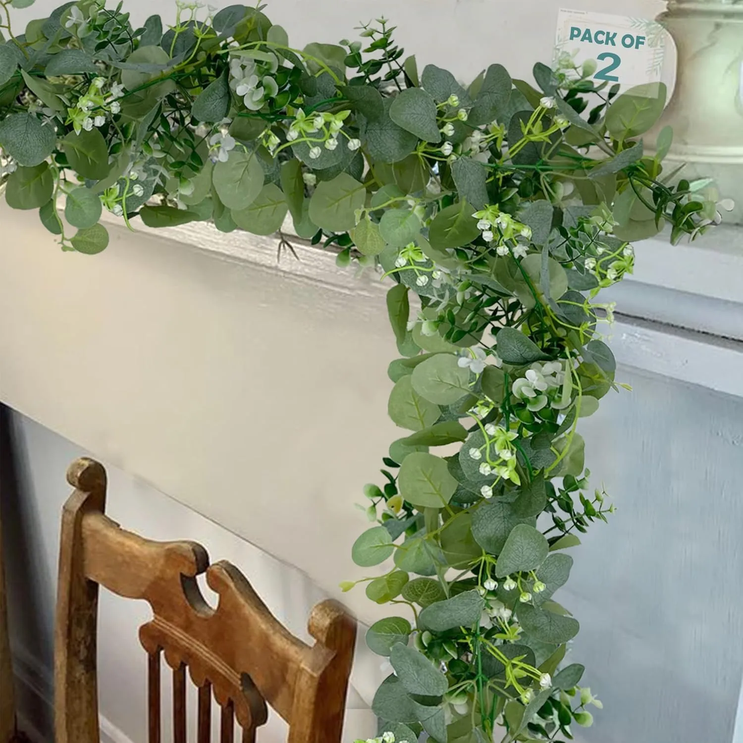 2 Packs Artificial Eucalyptus with Flowers,Fake Garland for Wedding, Faux Greenery Garland Vines Table Runner,Summer Floral Decorations for Hanging,Wedding Backdrop,Indoor
