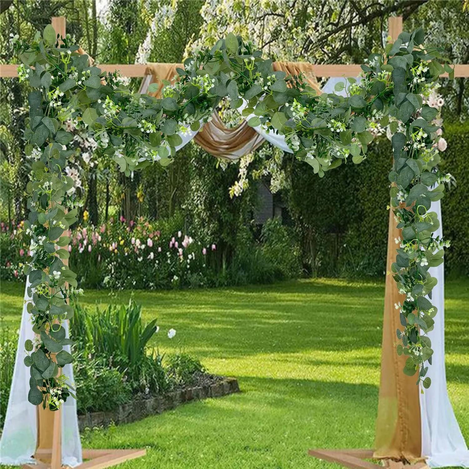 2 Packs Artificial Eucalyptus with Flowers,Fake Garland for Wedding, Faux Greenery Garland Vines Table Runner,Summer Floral Decorations for Hanging,Wedding Backdrop,Indoor