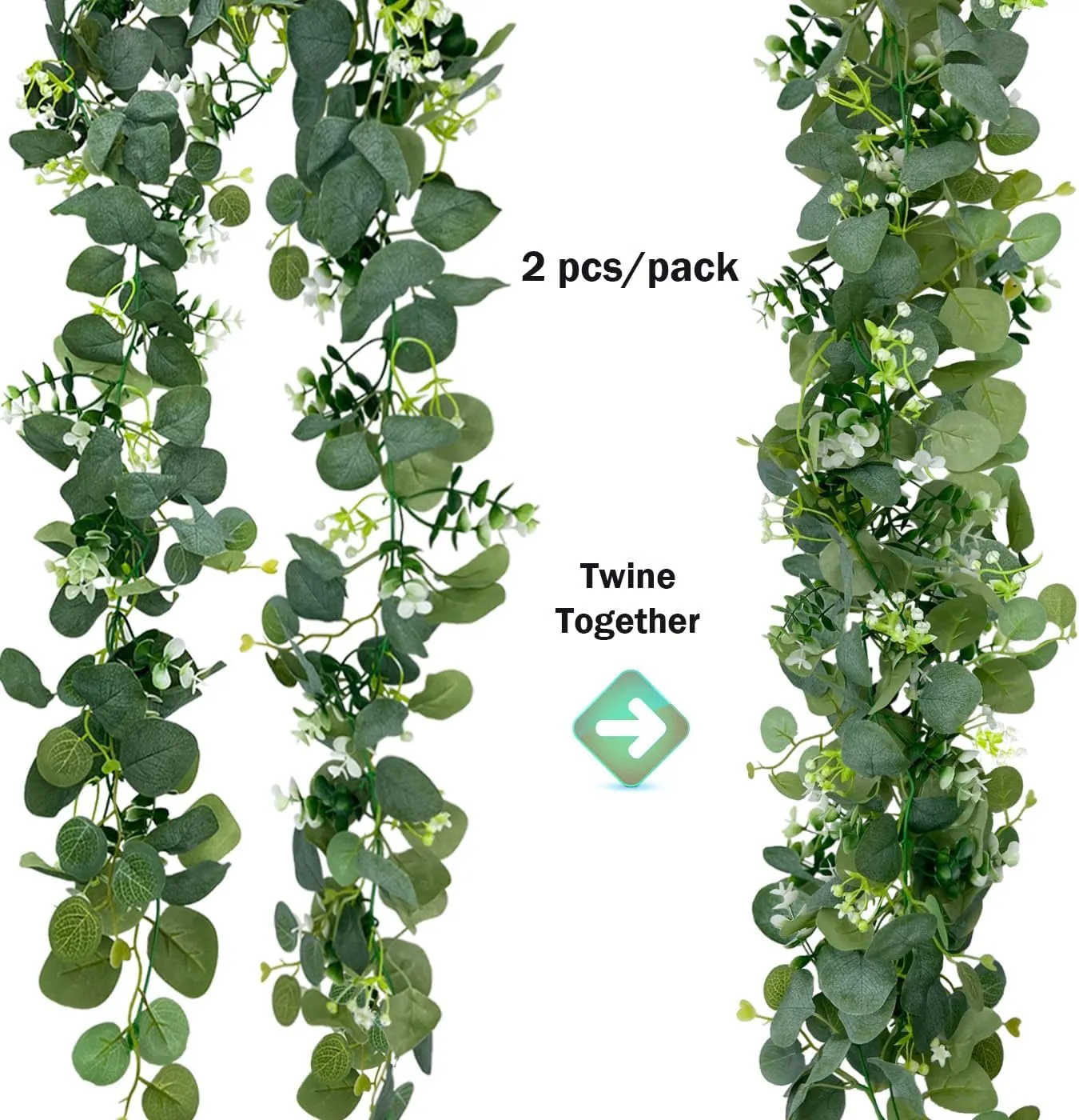 2 Packs Artificial Eucalyptus with Flowers,Fake Garland for Wedding, Faux Greenery Garland Vines Table Runner,Summer Floral Decorations for Hanging,Wedding Backdrop,Indoor