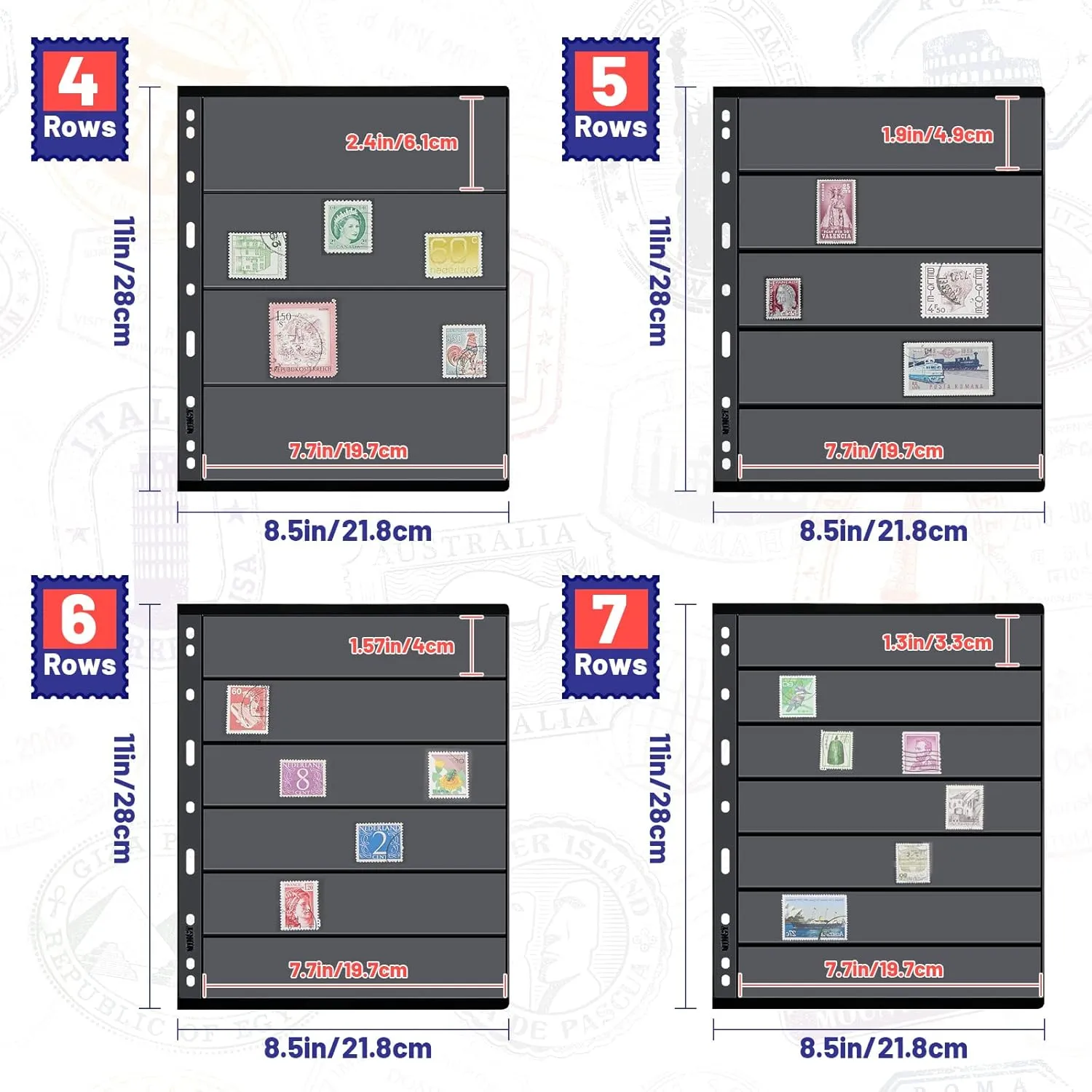 20 Sheets Stamp Collection Album Pages, Transparent Design, with Standard 9 Holes Binder for Stamp Collectors(Mixed Style)