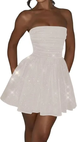 2024 Glitter Tulle Prom Dress for Teens - Strapless Short Homecoming Gown