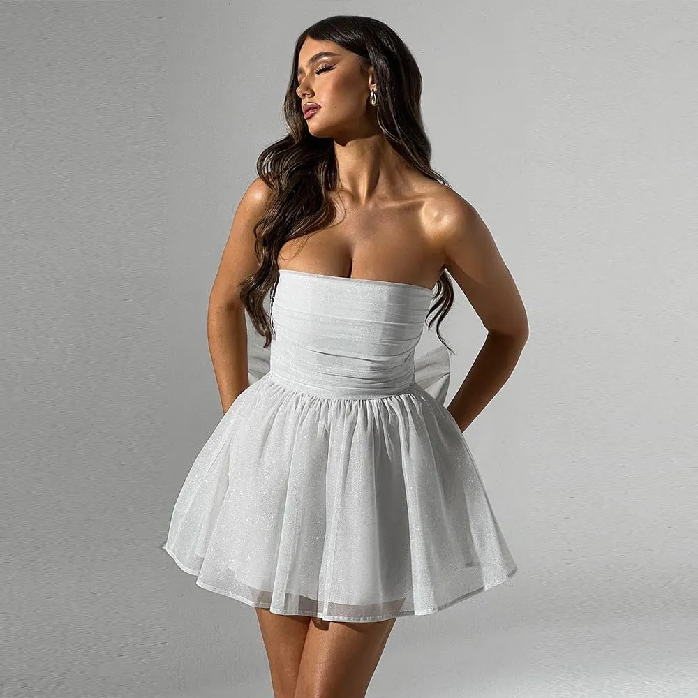 2024 Glitter Tulle Prom Dress for Teens - Strapless Short Homecoming Gown
