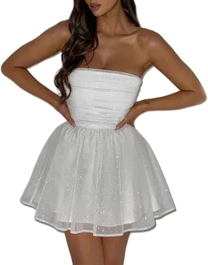2024 Glitter Tulle Prom Dress for Teens - Strapless Short Homecoming Gown