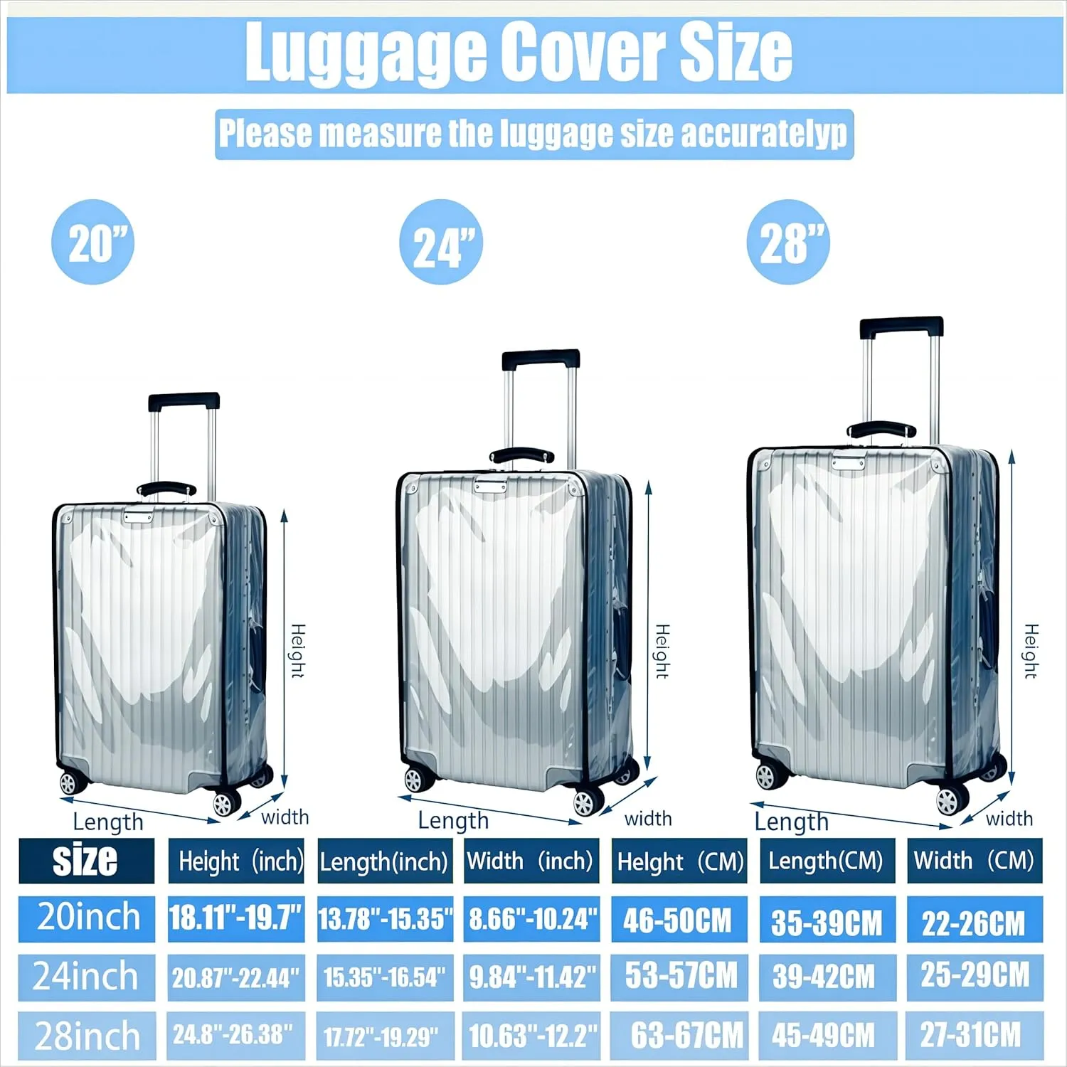 20/24/28 Inch Thicken Transparent Luggage Cover Suitcase Protector Waterproof PVC Full Clear Cover Travel Suitcase 20 24 28 inch