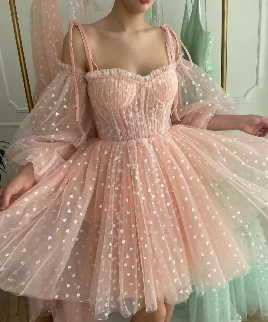 2025 Heart Short Tulle Homecoming Dresses for Teens Puffy Sleeve Mini Spaghetti Straps Formal Evening Party Gowns
