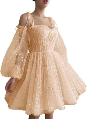2025 Heart Short Tulle Homecoming Dresses for Teens Puffy Sleeve Mini Spaghetti Straps Formal Evening Party Gowns