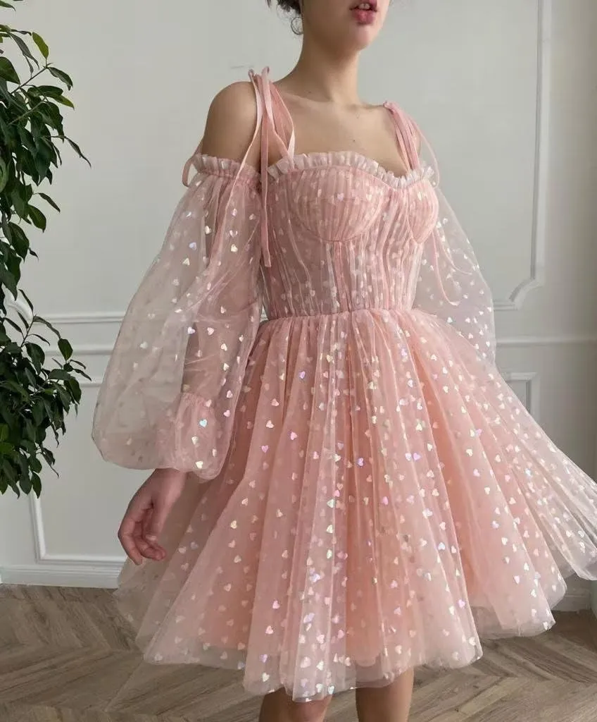 2025 Heart Short Tulle Homecoming Dresses for Teens Puffy Sleeve Mini Spaghetti Straps Formal Evening Party Gowns