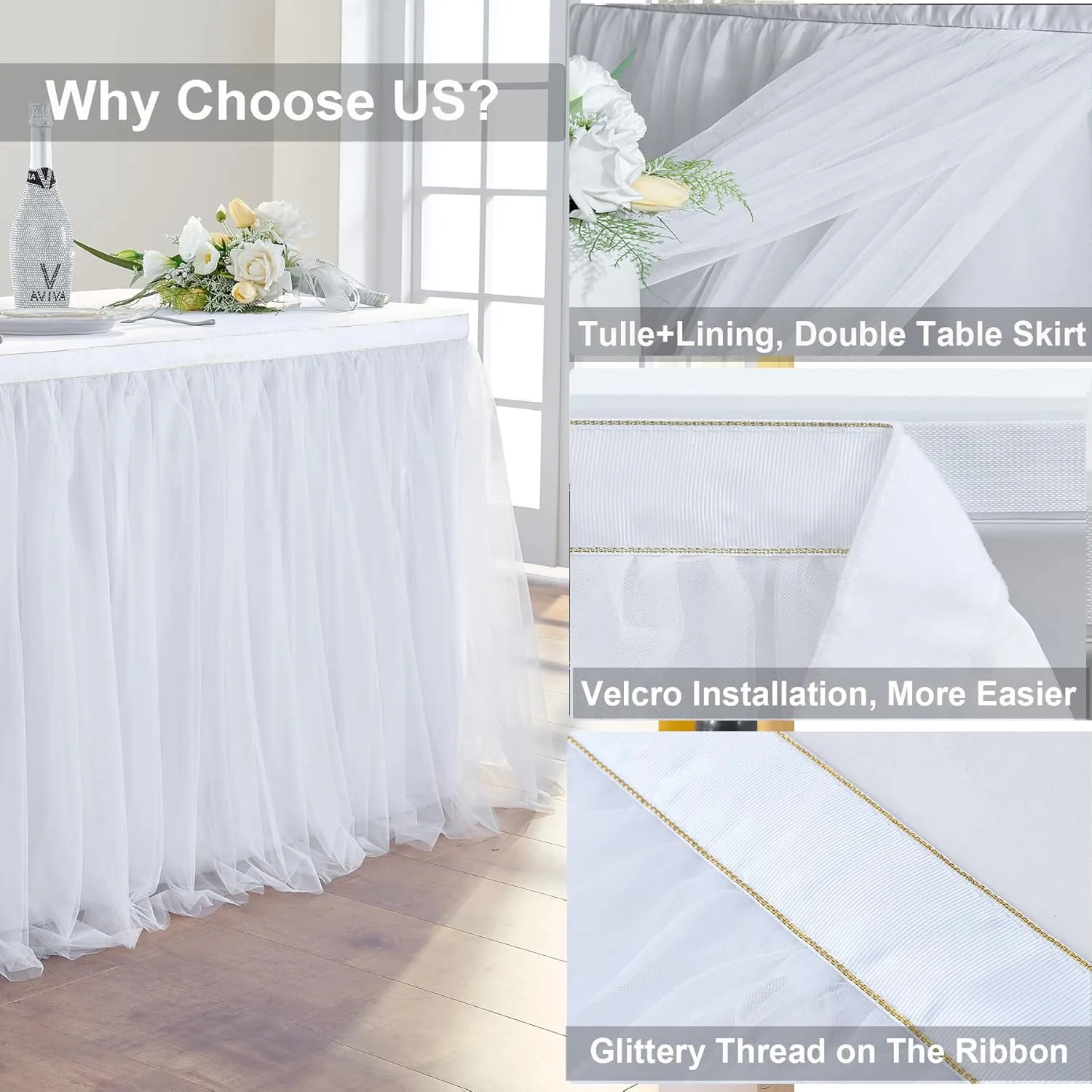 204in White Tulle Table Skirts for Rectangle Tables 6ft 8ft, 2-Layer Gold Grim Ruffle Tulle Tutu Cloth Table Skirt 17ft Long for Wedding Birthday Party Baby Shower Cake Dessert Tables(No Table Cover)
