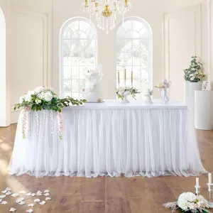204in White Tulle Table Skirts for Rectangle Tables 6ft 8ft, 2-Layer Gold Grim Ruffle Tulle Tutu Cloth Table Skirt 17ft Long for Wedding Birthday Party Baby Shower Cake Dessert Tables(No Table Cover)