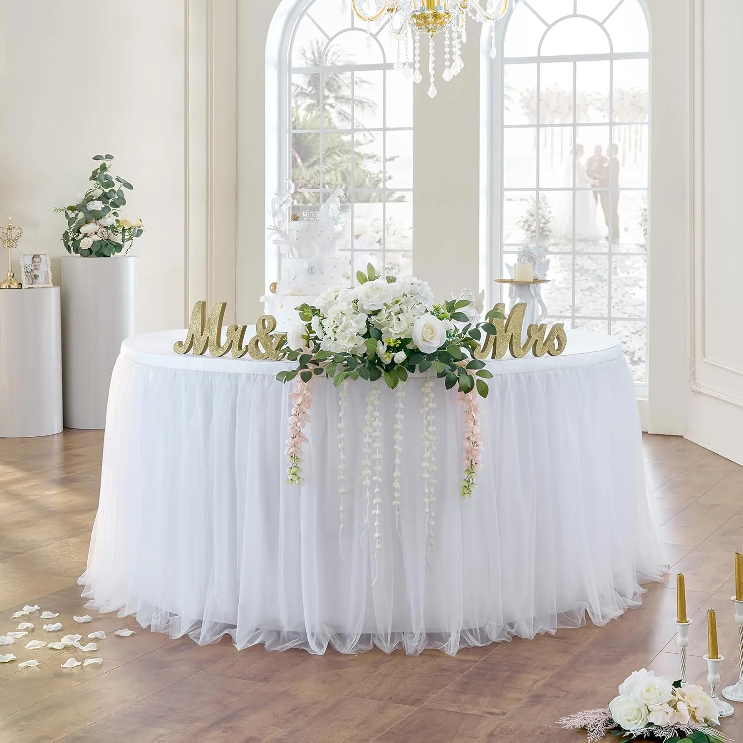 204in White Tulle Table Skirts for Rectangle Tables 6ft 8ft, 2-Layer Gold Grim Ruffle Tulle Tutu Cloth Table Skirt 17ft Long for Wedding Birthday Party Baby Shower Cake Dessert Tables(No Table Cover)