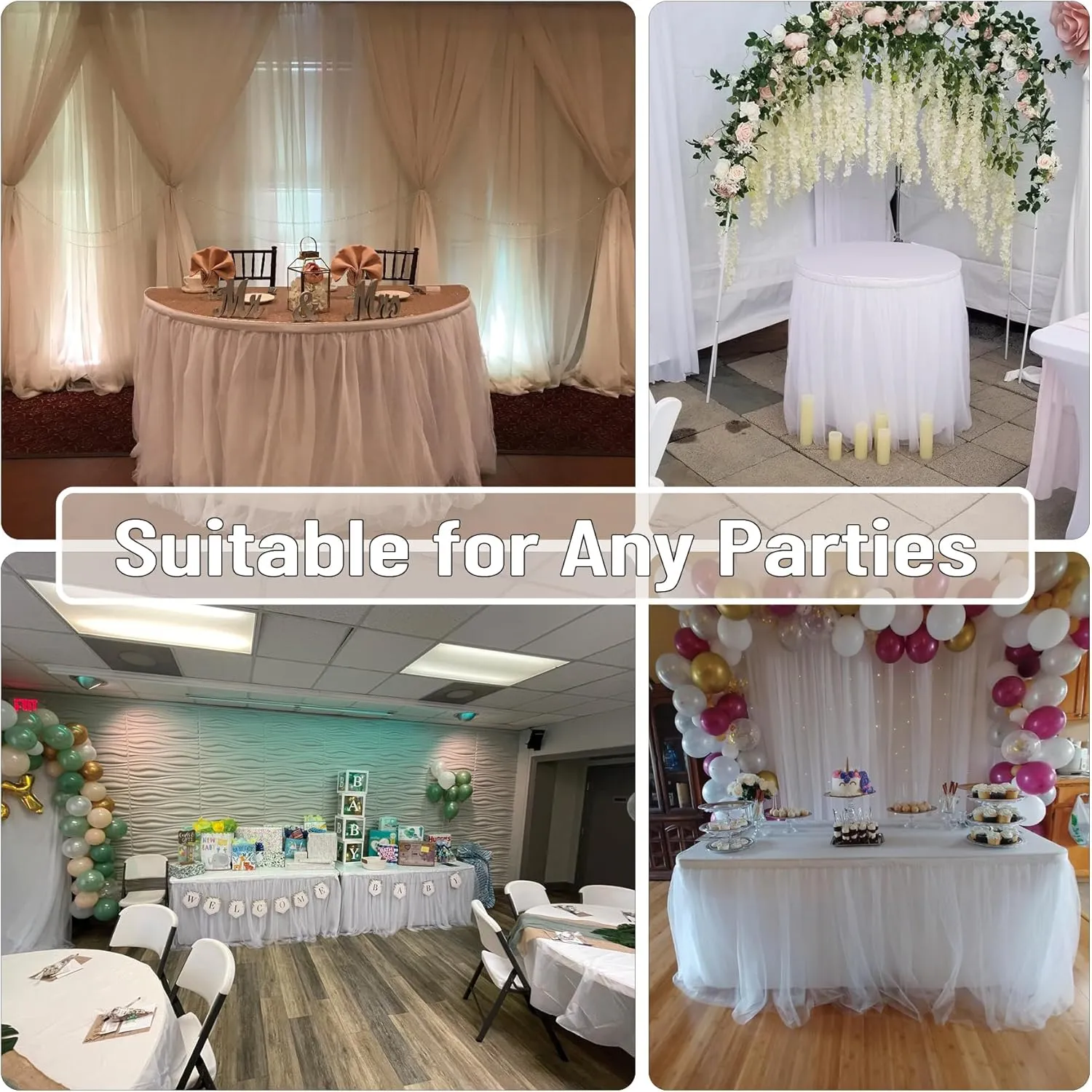 204in White Tulle Table Skirts for Rectangle Tables 6ft 8ft, 2-Layer Gold Grim Ruffle Tulle Tutu Cloth Table Skirt 17ft Long for Wedding Birthday Party Baby Shower Cake Dessert Tables(No Table Cover)